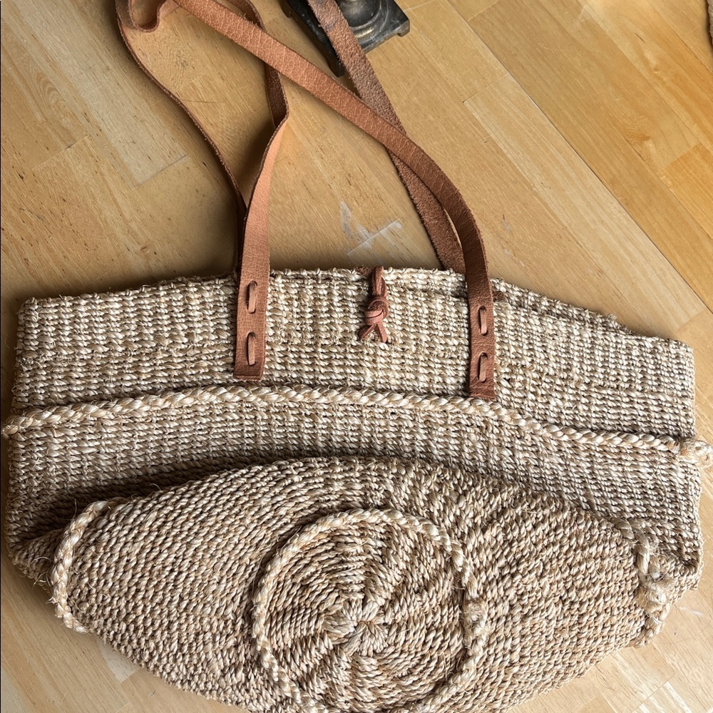 Vintage 90s Noah’s Ark Sisal Market Bag Leather Strap Animal Tote - Picture 4 of 12